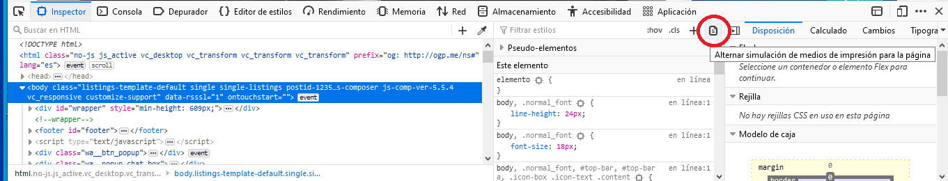 Simulación de la versión imprimible de una web en Firefox