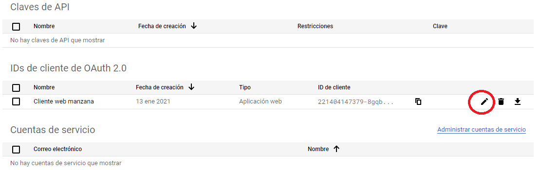 Datos cliente OAuth Google