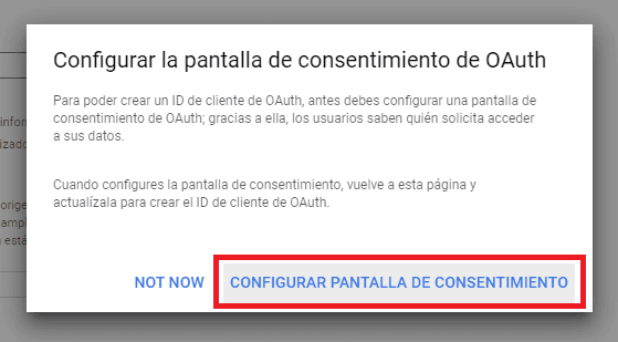 Pantalla de consentimiento OAuth al crear una API de Google
