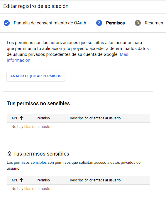 Configurar permisos de la API de Google