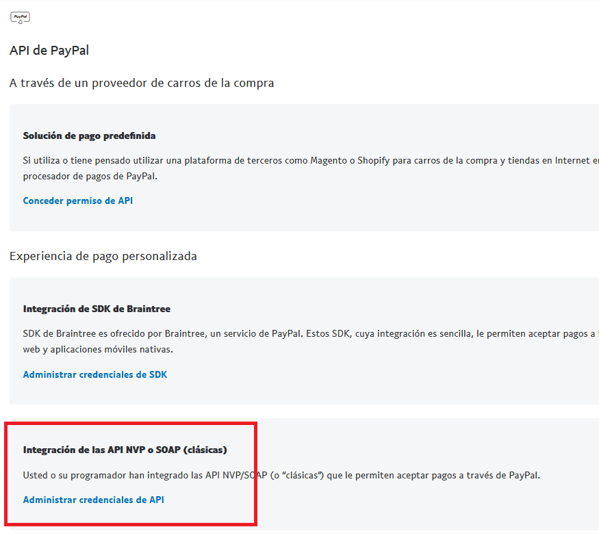 Credenciales Paypal API NVP o SOAP